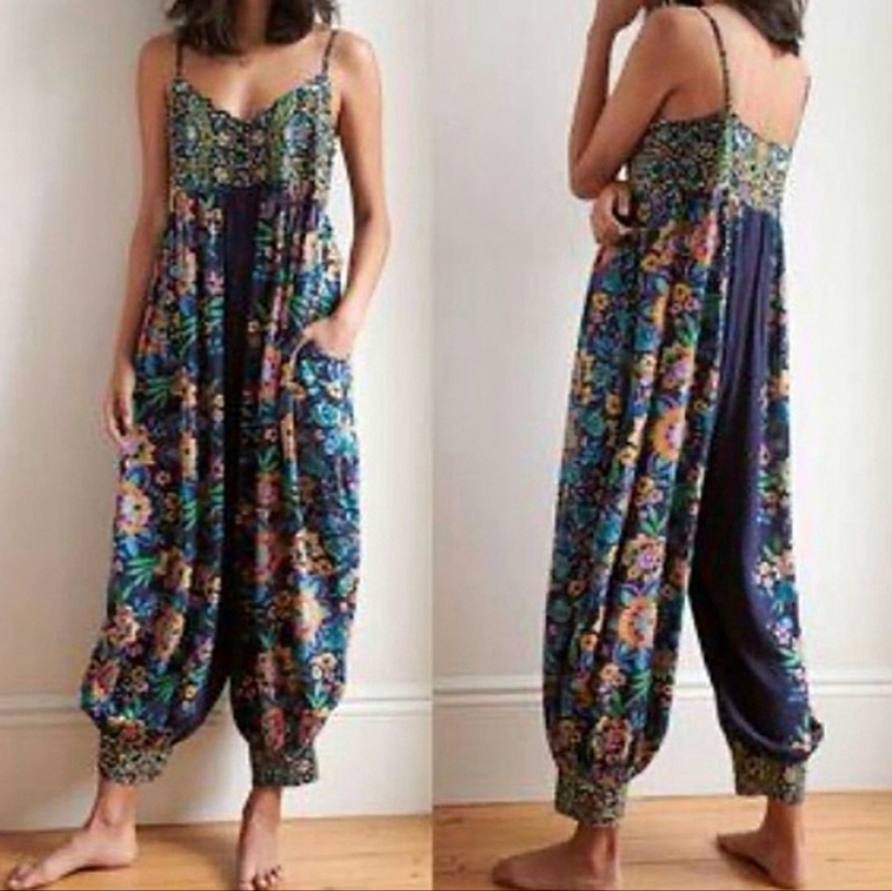 Anthropologie Blue Foral Jumpsuit